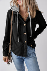 Black Hooded Drawstring Pockets Corduroy Shacket Jackets JT's Designer Fashion