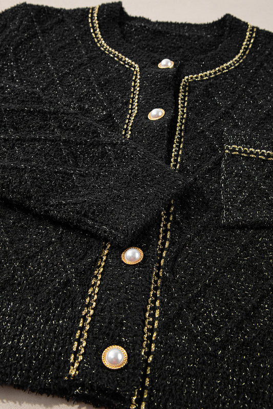 Black Shimmer Flap Pocket Button up Cardigan Cardigans JT's Designer Fashion