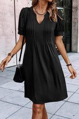 Black Notched Neck Pleated Puff Sleeve Shift T-shirt Dress T Shirt Dresses JT's Designer Fashion
