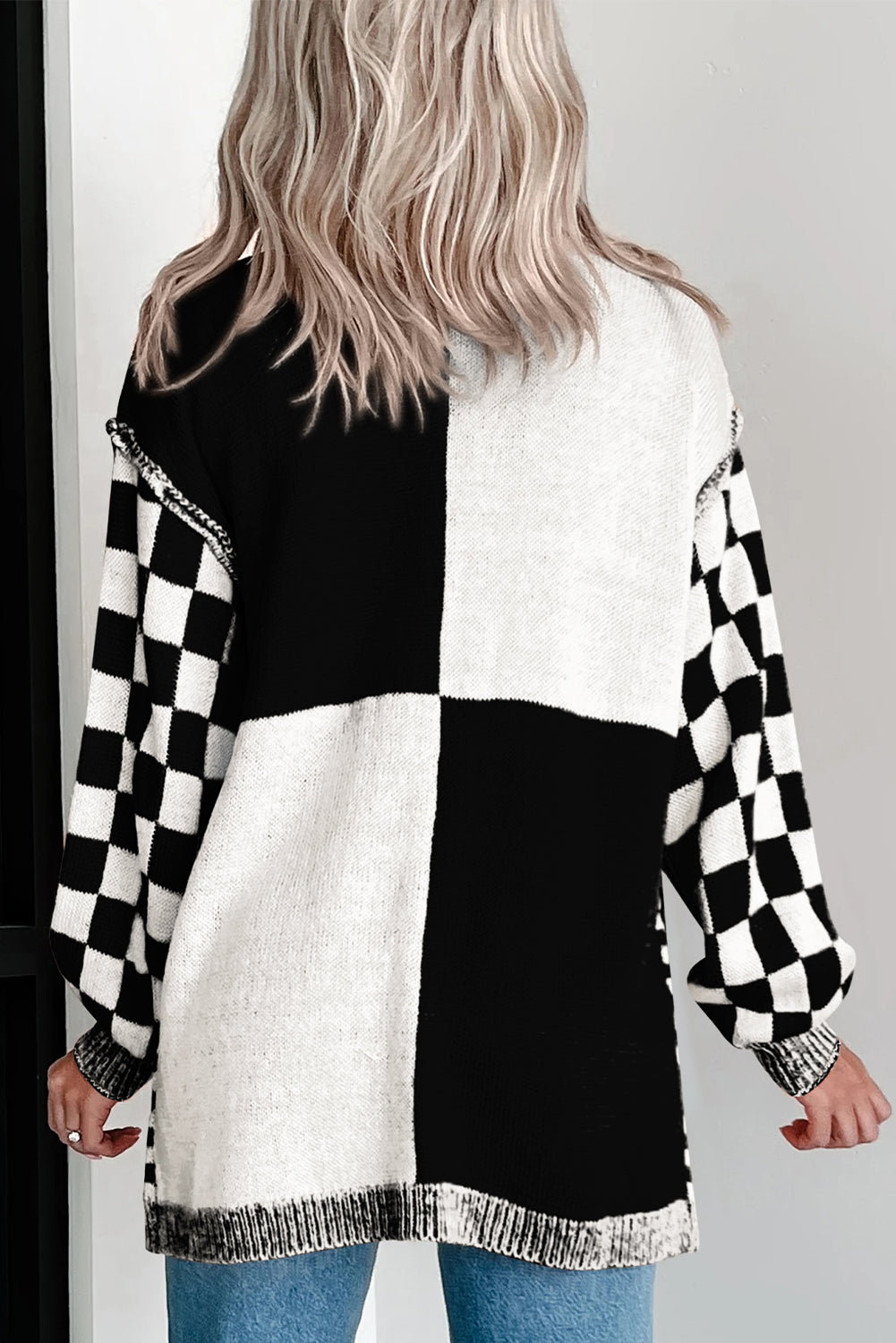 Black Checkered Open Front Drop Shoulder Cardigan Cardigans JT's Designer Fashion