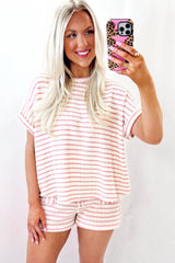 Pink Stripe Knitted Short Sleeve Top and Drawstring Shorts Set Short Sets JT's Designer Fashion
