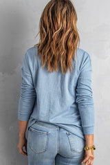 Sky Blue Button Front Turn-down Neck Knit Top Long Sleeve Tops JT's Designer Fashion