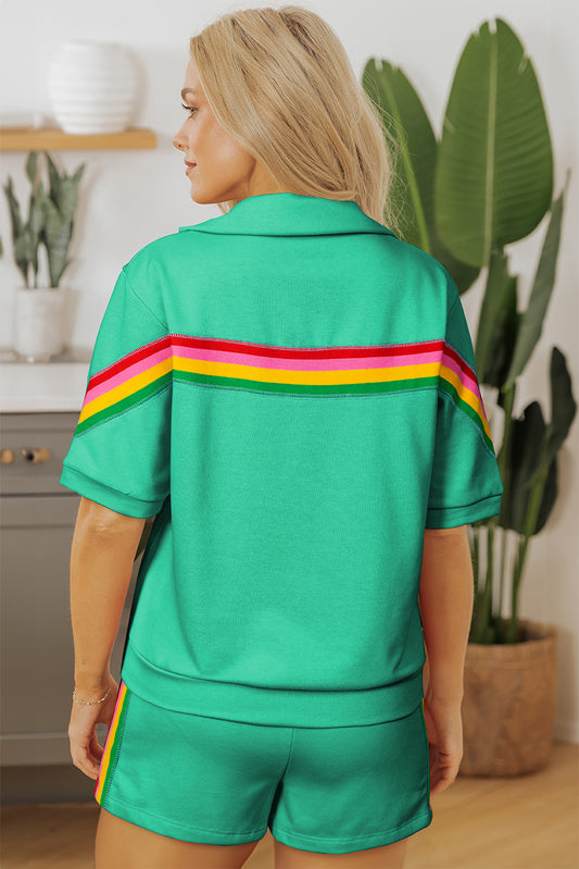 Sea Green Rainbow Colorblock Collared Short Sleeve Top 2 Piece Shorts Set Short Sets JT's Designer Fashion