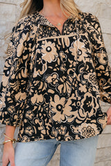 Black Floral Shirred Yoke Bracelet Sleeve Split Neck Boho Blouse Blouses & Shirts JT's Designer Fashion