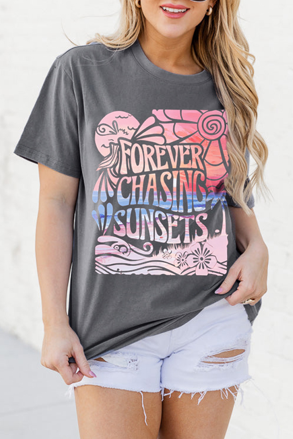 Gray FOREVER CHASING SUNSETS Graphic Summer T Shirt Graphic Tees JT's Designer Fashion