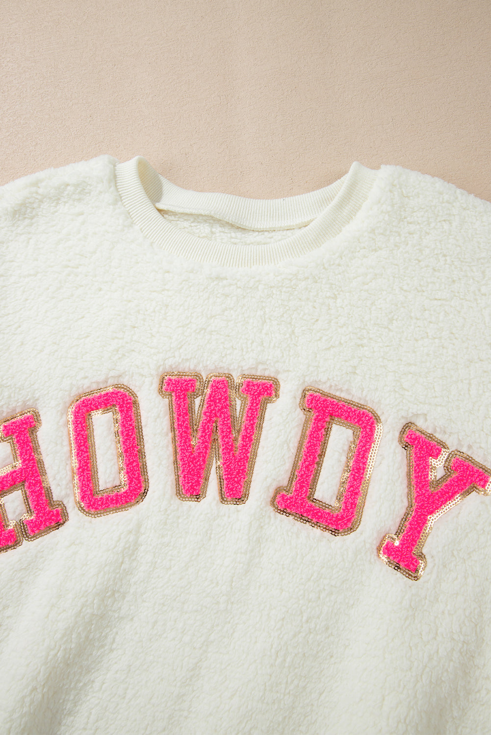 Beige Sherpa HOWDY Patched Pullover Sweatshirt Sweatshirts & Hoodies JT's Designer Fashion
