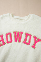 Beige Sherpa HOWDY Patched Pullover Sweatshirt Sweatshirts & Hoodies JT's Designer Fashion