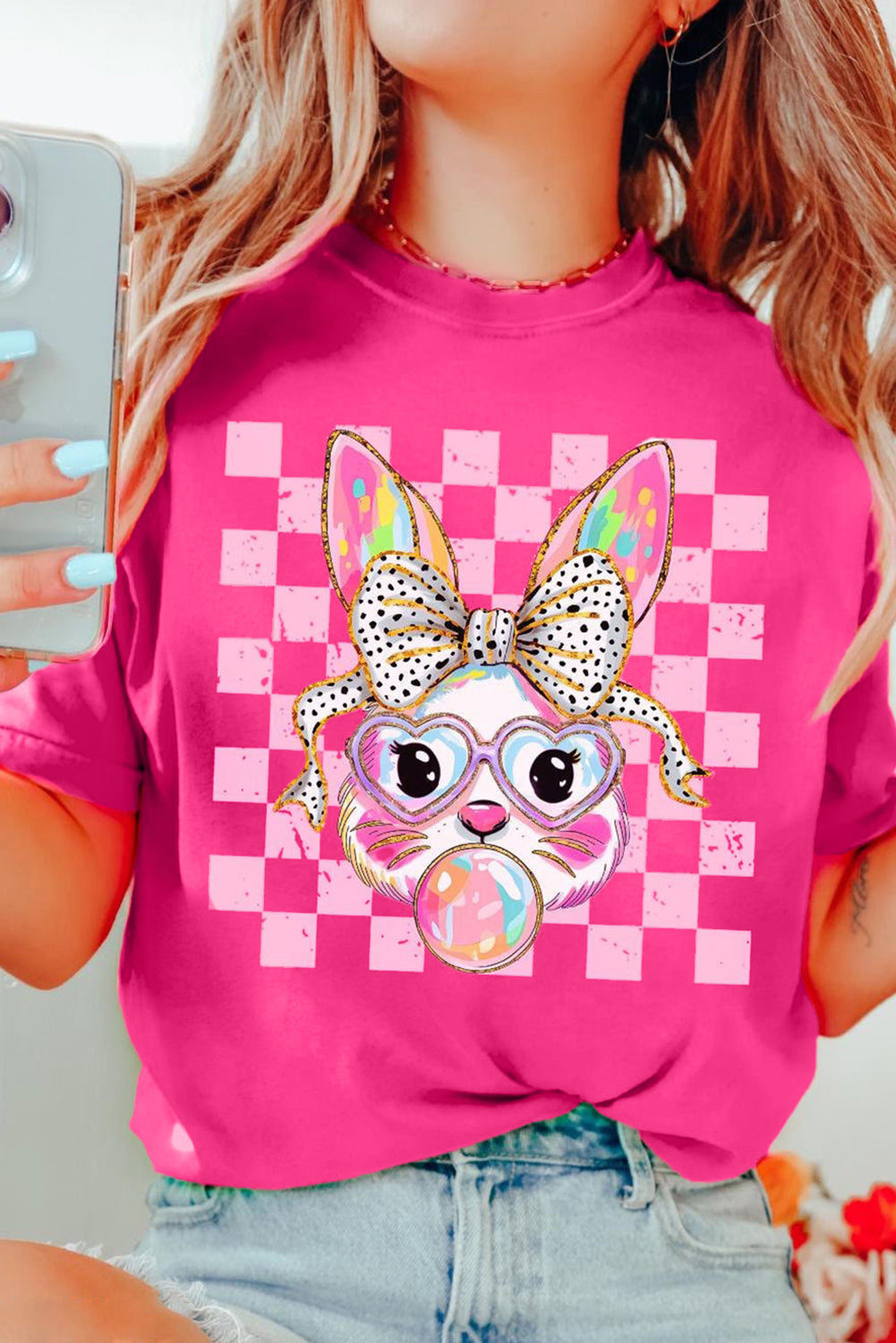 Rose Red Plaid Bubble Gum Rabbit Graphic Eater T Shirt Graphic Tees JT's Designer Fashion