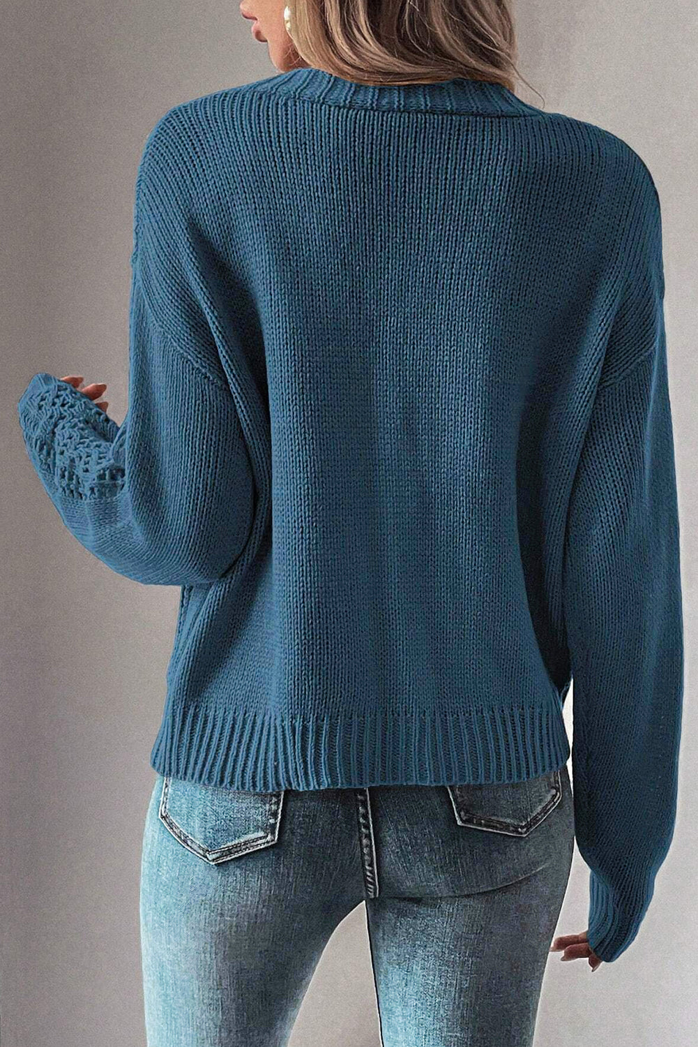 Real Teal Open Knit V Neck Button Front Drop Shoulder Plus Size Cardigan Plus Size Sweaters & Cardigans JT's Designer Fashion