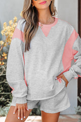 Light Grey Color Block Raw Hem Pullover and Casual Shorts Set Short Sets JT's Designer Fashion