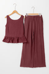 Red Dahlia Solid Color Ribbed Ruffle Tank Top and Pants Set Pant Sets JT's Designer Fashion