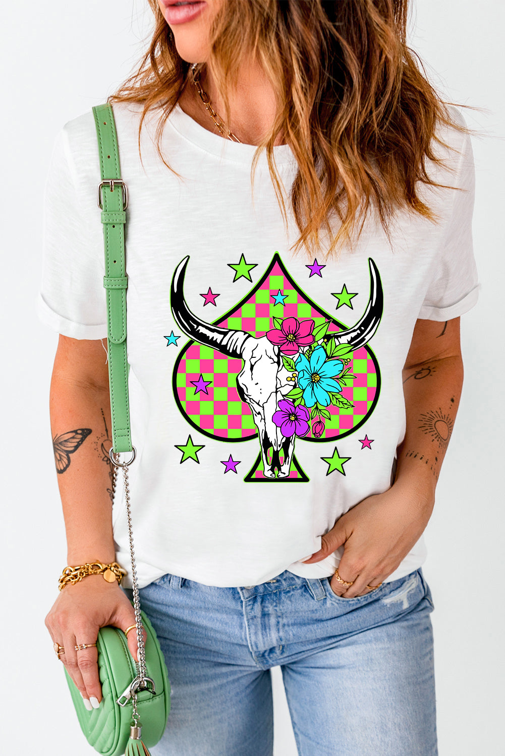 White Checkered Steer Head Spade Print Crew Neck T Shirt Graphic Tees JT's Designer Fashion