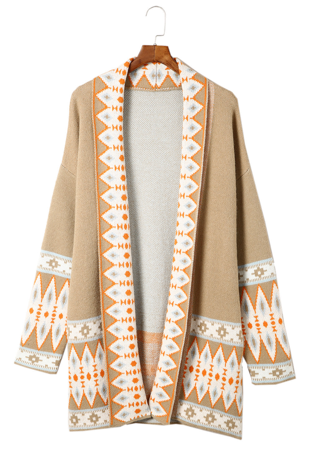 Khaki Aztec Print Open Front Knitted Cardigan Sweaters & Cardigans JT's Designer Fashion