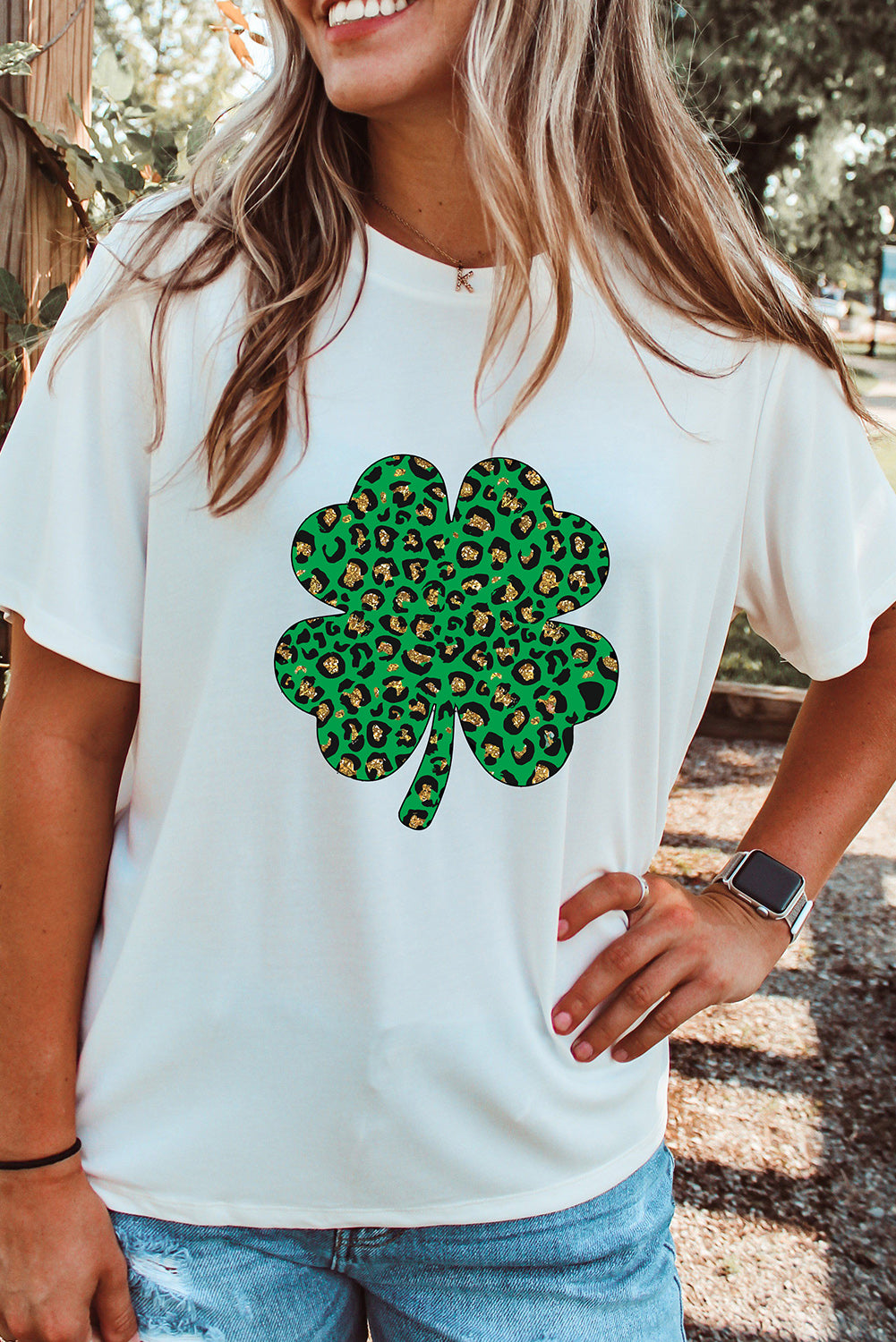 White Leopard Four Leaf Clover Graphic Tee Graphic Tees JT's Designer Fashion