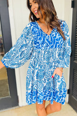 Sky Blue Bohemian Print Puff Sleeve Tied V Neck Flared Mini Dress Mini Dresses JT's Designer Fashion