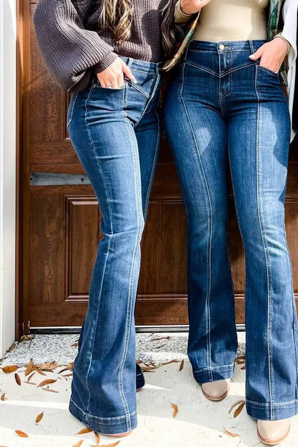 Blue High Waist Seam Stitching Pocket Flare Jeans Jeans JT's Designer Fashion