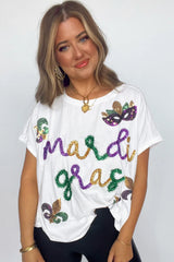 White Mardi Gras Tinsel Sequin Graphic T Shirt Graphic Tees JT's Designer Fashion