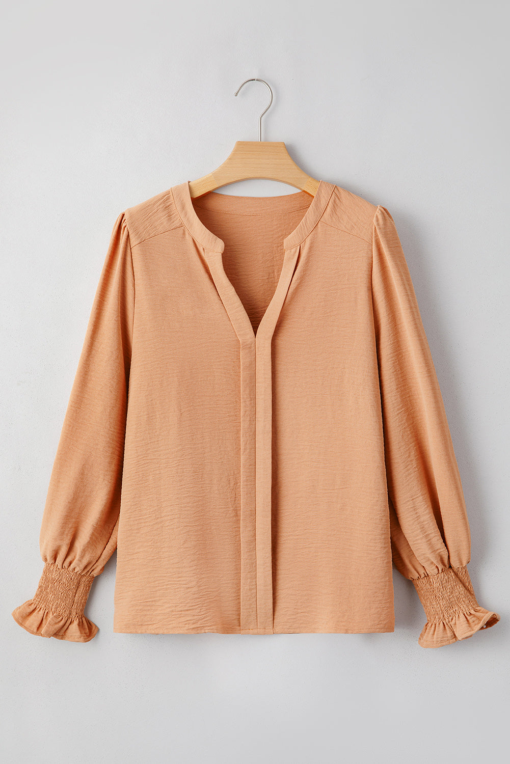 Straw Yellow Solid Color Shirred Cuff Notch V Neck Blouse Blouses & Shirts JT's Designer Fashion