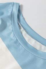 Light Blue Colorblock Striped Drop Shoulder Long Sleeve Top Long Sleeve Tops JT's Designer Fashion