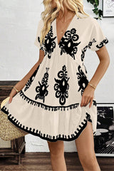 Black Vintage Print V Neck High Waist Short Sleeve Dress Mini Dresses JT's Designer Fashion