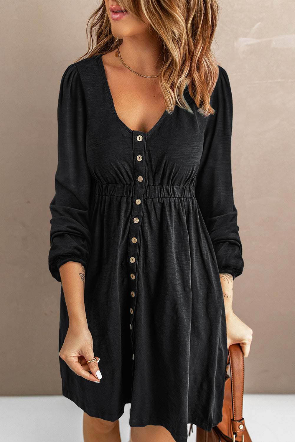 Black Button Up High Waist Long Sleeve Dress Midi Dresses JT's Designer Fashion