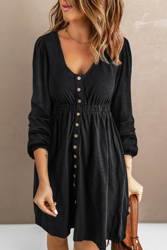Black Button Up High Waist Long Sleeve Dress Midi Dresses JT's Designer Fashion