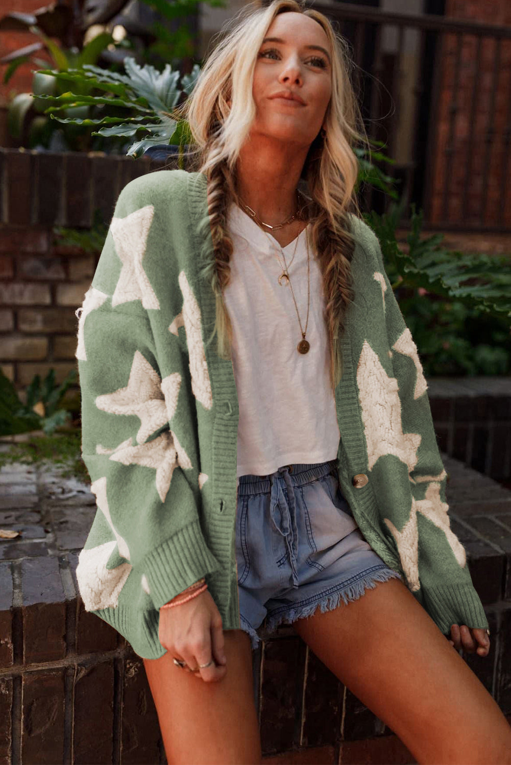Green Sherpa Star Pattern Textured Sweater Cardigan with Pockets Cardigans JT's Designer Fashion