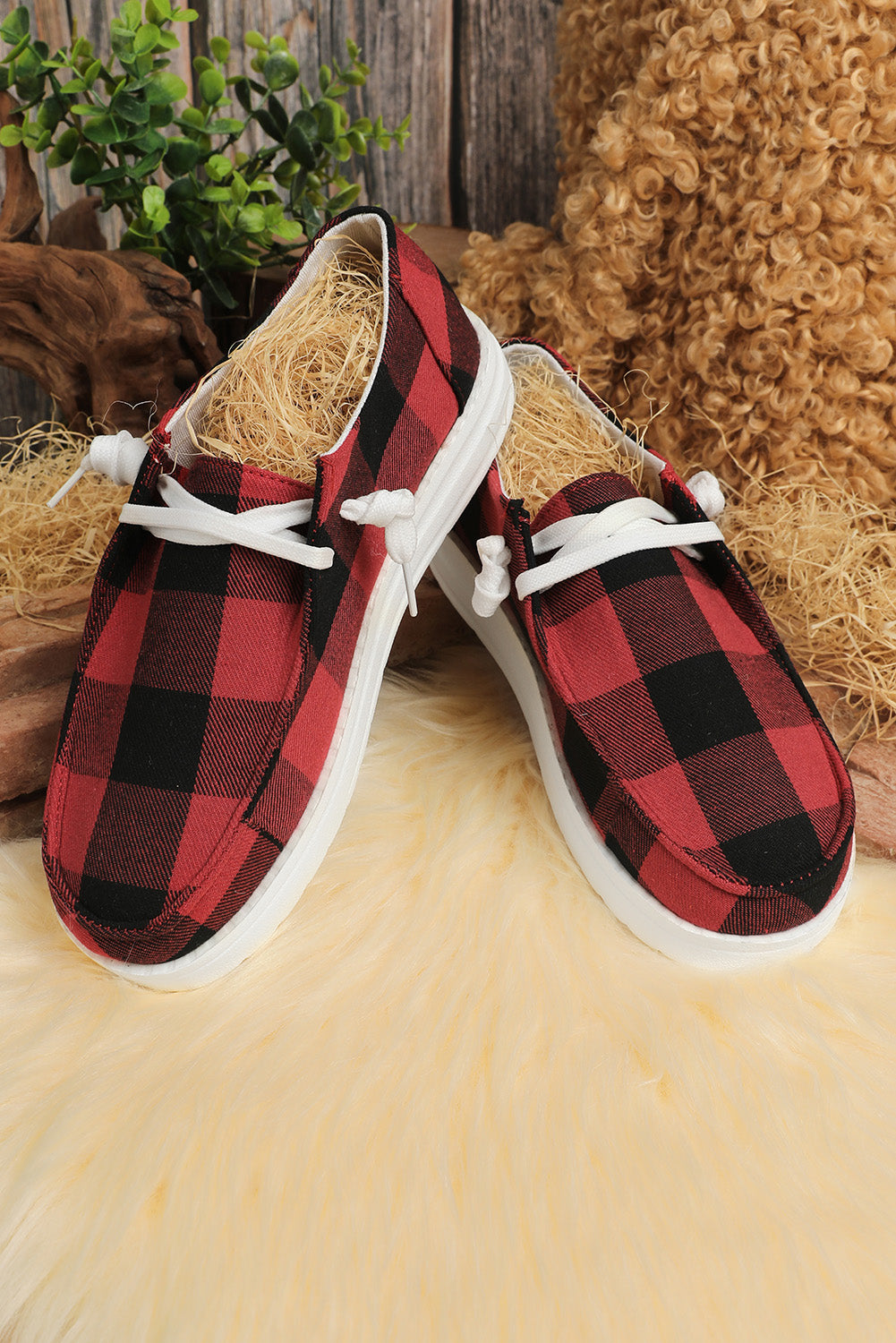 Fiery Red Vintage Plaid Lace Up Flat Shoes Women's Shoes JT's Designer Fashion