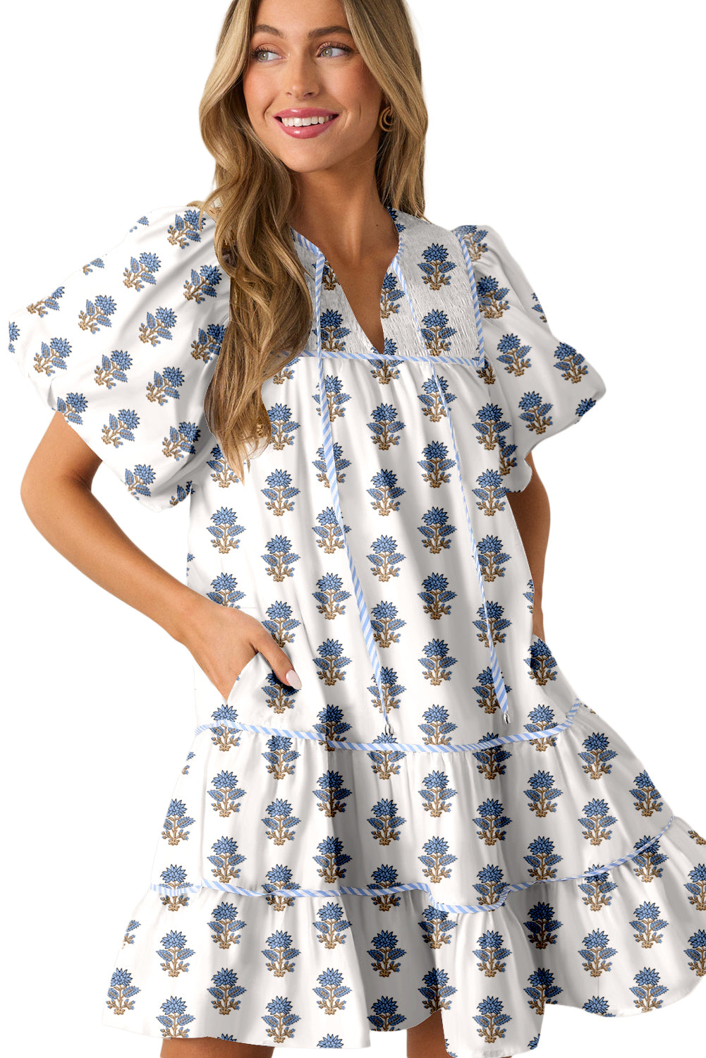 Sky Blue Floral Puff Sleeve Tied Neck Pocketed Mini Dress Floral Dresses JT's Designer Fashion