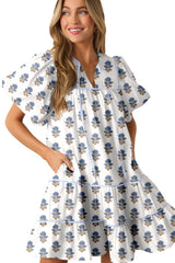 Sky Blue Floral Puff Sleeve Tied Neck Pocketed Mini Dress Floral Dresses JT's Designer Fashion