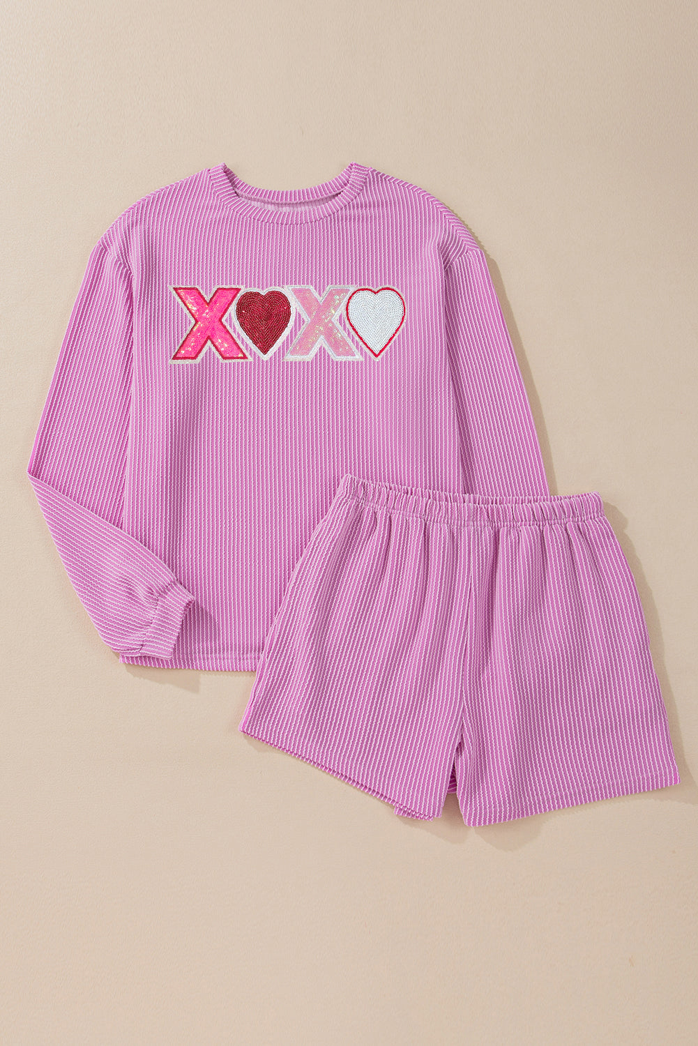 Phalaenopsis Corded Sequined XOXO Heart Valentines Long Sleeve Shorts Set Graphic Sets JT's Designer Fashion