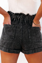 Black Vintage Washed Frilled High Waist Denim Shorts Denim Shorts JT's Designer Fashion
