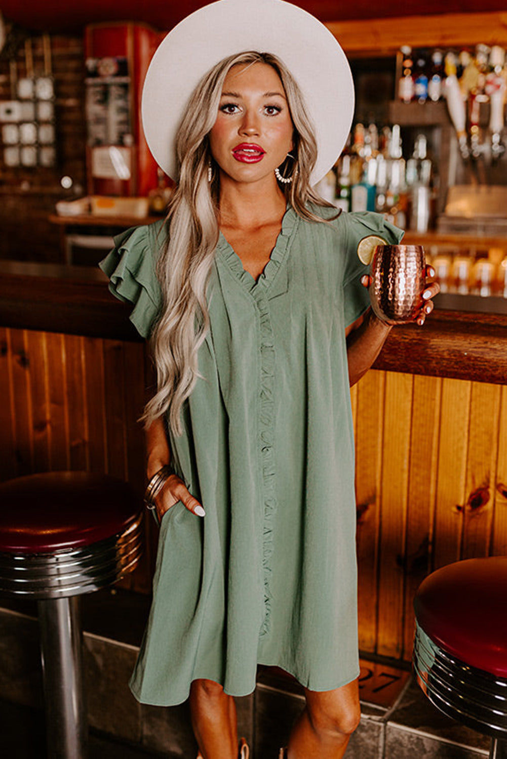 Mist Green Ruffle Sleeve V Neck Frilled Shift Dress Dresses JT's Designer Fashion