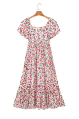 Pink Floral Puff Sleeve Square Neck Empire Waist Tiered Maxi Dress Floral Dresses JT's Designer Fashion