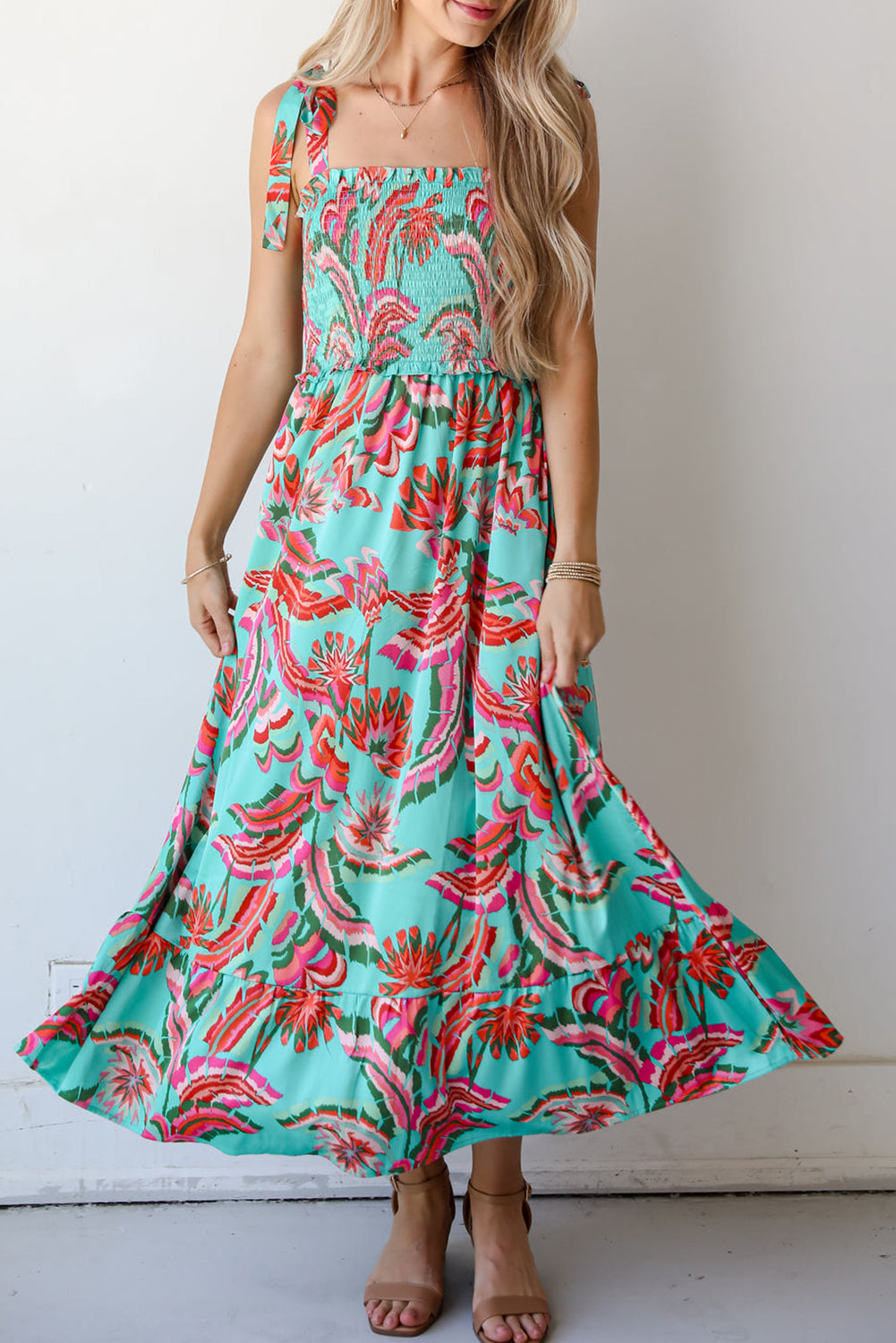 Green Abstract Print Smocked Bodice Knotted Straps Ruffled Long Dress Maxi Dresses JT's Designer Fashion