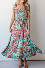 Green Abstract Print Smocked Bodice Knotted Straps Ruffled Long Dress Maxi Dresses JT's Designer Fashion