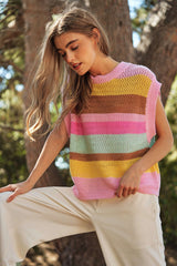 Pink Stripe Hollowed Crochet Cap Sleeve Loose Fit Sweater T Shirt Sweaters & Cardigans JT's Designer Fashion