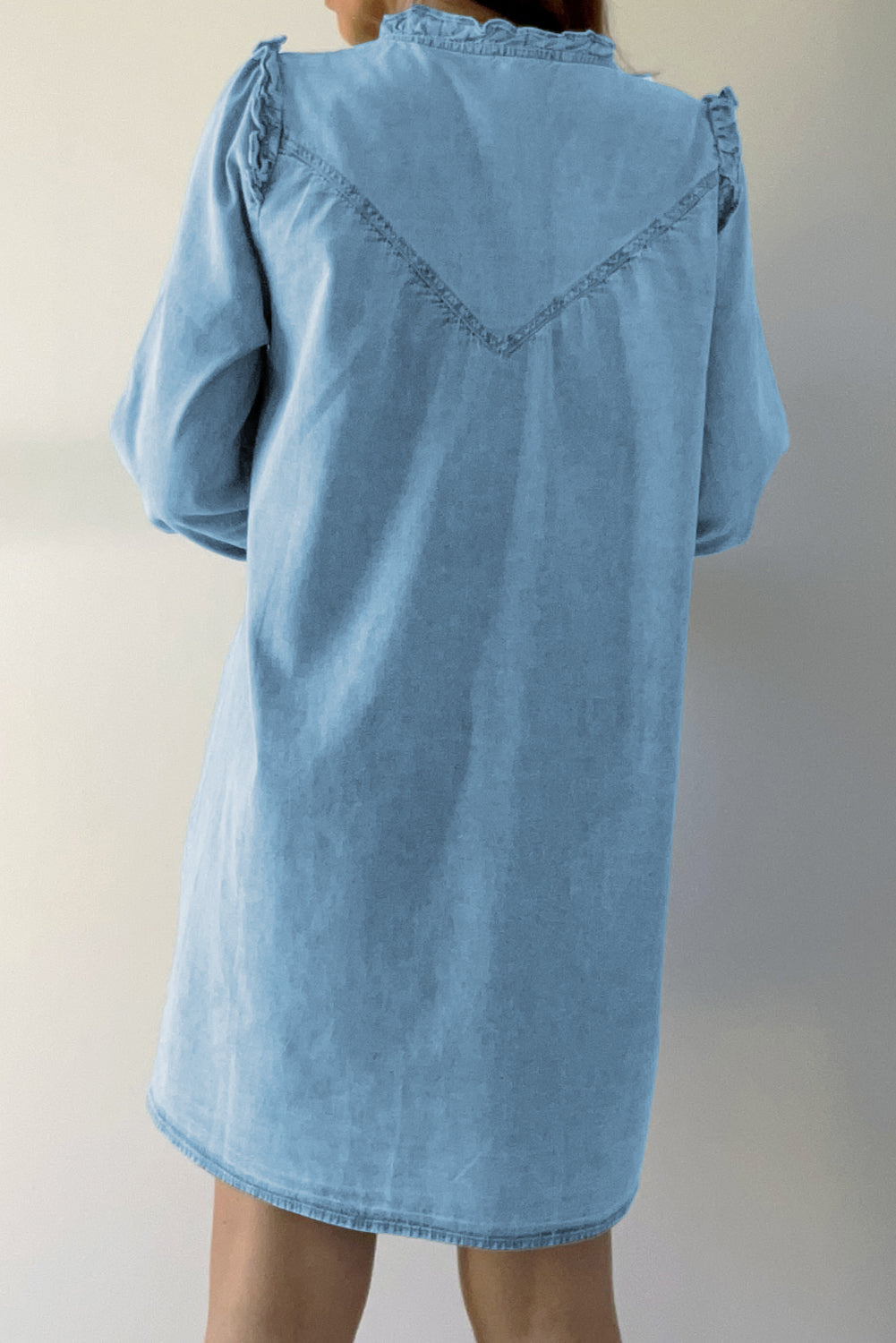 Myosotis Ruffled V Neck Buttoned Shift Denim Dress Mini Dresses JT's Designer Fashion