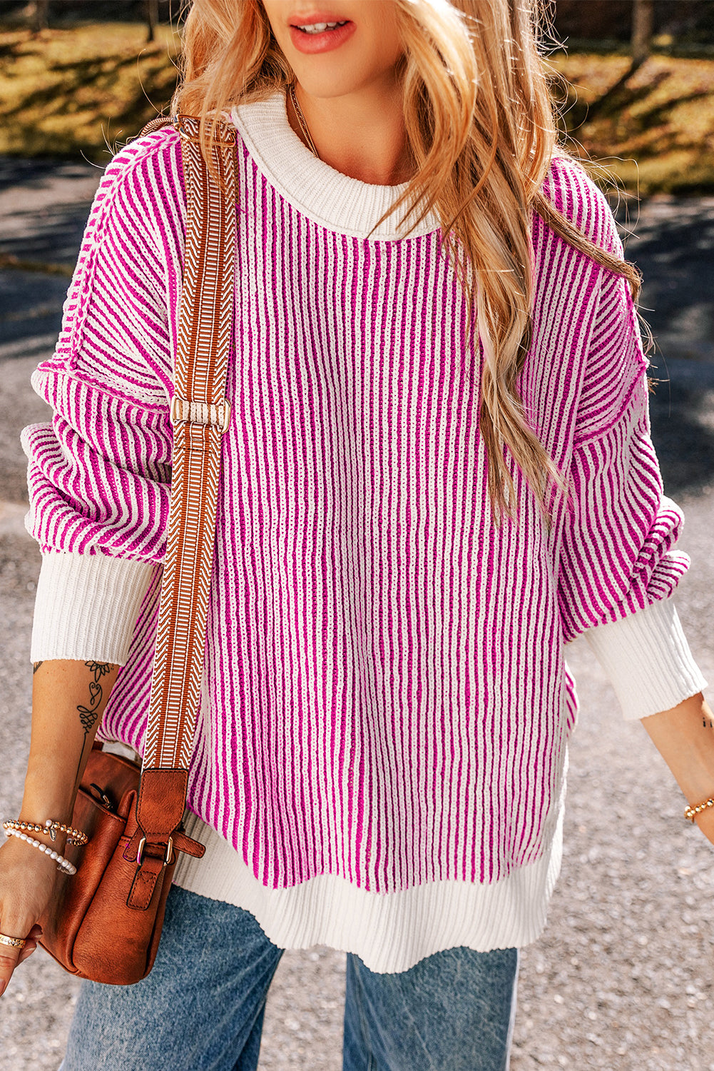 Bright Pink Striped Textured Knit Contrast Edge Loose Sweater Bright Pink 100%Polyester Sweaters JT's Designer Fashion