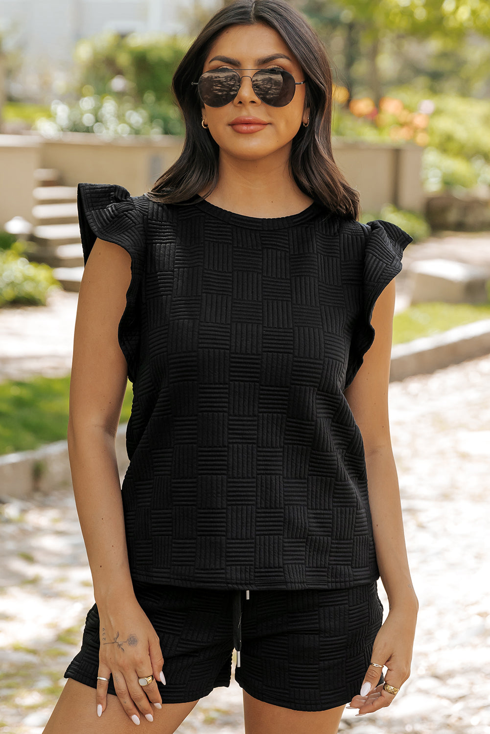 Black Textured Ruffled Sleeve Tee and Drawstring Elastic Waistband Shorts Set Short Sets JT's Designer Fashion