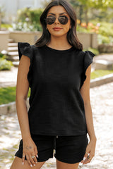 Black Textured Ruffled Sleeve Tee and Drawstring Elastic Waistband Shorts Set Short Sets JT's Designer Fashion
