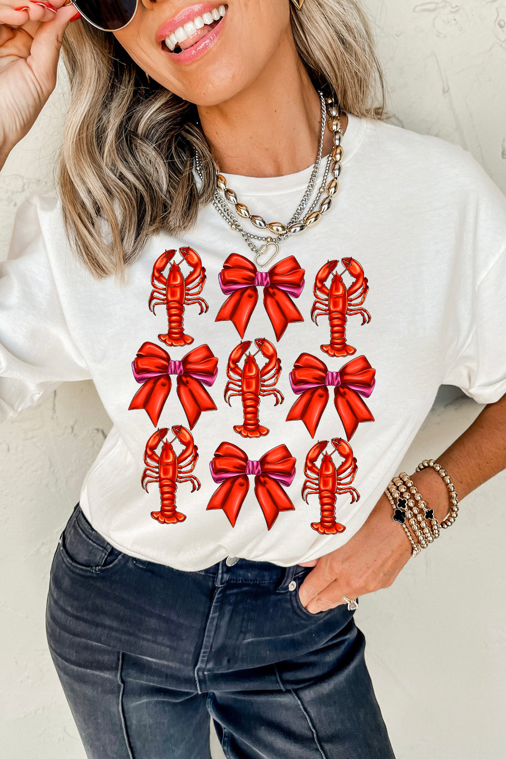 White Crawfish Bow Printed Casual T Shirt Graphic Tees JT's Designer Fashion