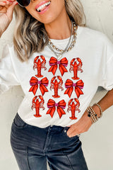 White Crawfish Bow Printed Casual T Shirt Graphic Tees JT's Designer Fashion