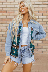 Blue Aztec Printed Denim Jacket Denim Jackets JT's Designer Fashion