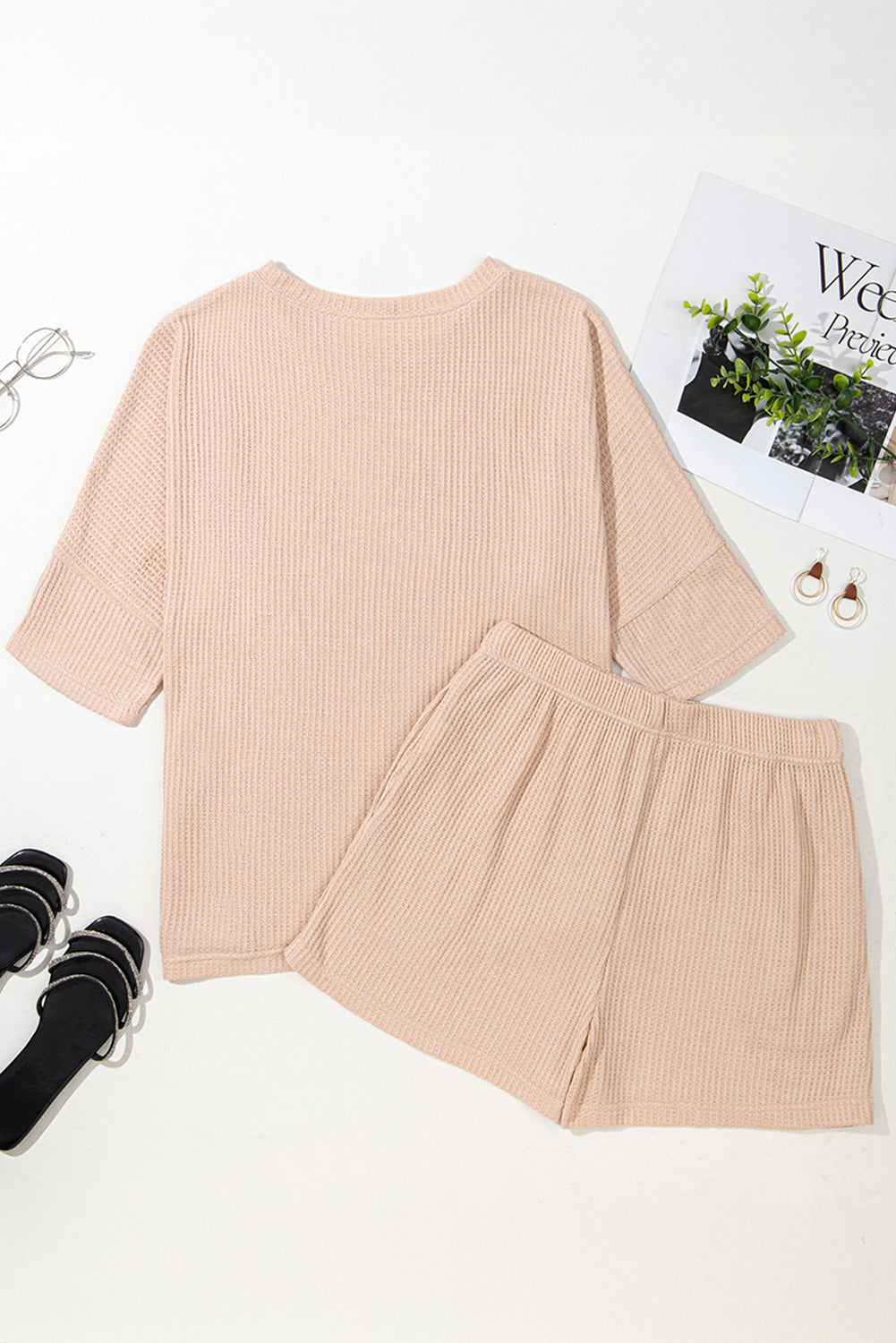 Light French Beige Cactus Forest Waffle Half Sleeve Tee Short Set Short Sets JT's Designer Fashion