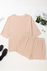 Light French Beige Cactus Forest Waffle Half Sleeve Tee Short Set Short Sets JT's Designer Fashion