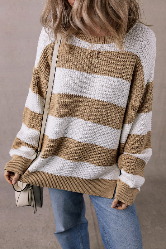 Light French Beige Colorblock Striped Drop Shoulder Side Slit Sweater Light French Beige 55%Acrylic+45%Cotton Sweaters JT's Designer Fashion