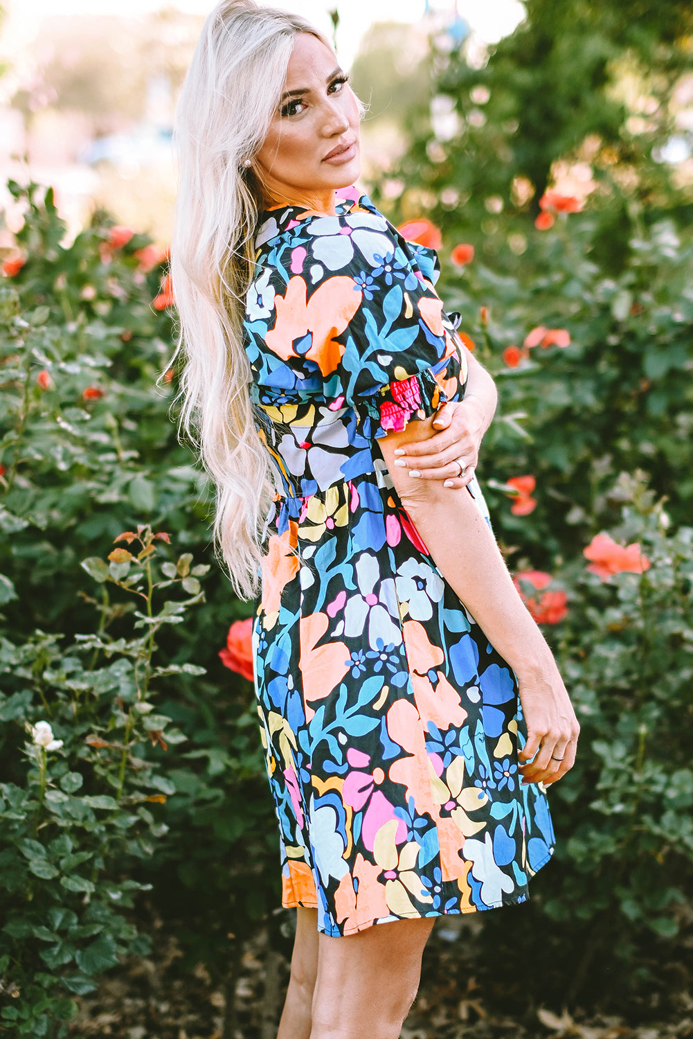 Blue Collared Split Neck Floral Flared Dress Floral Dresses JT's Designer Fashion