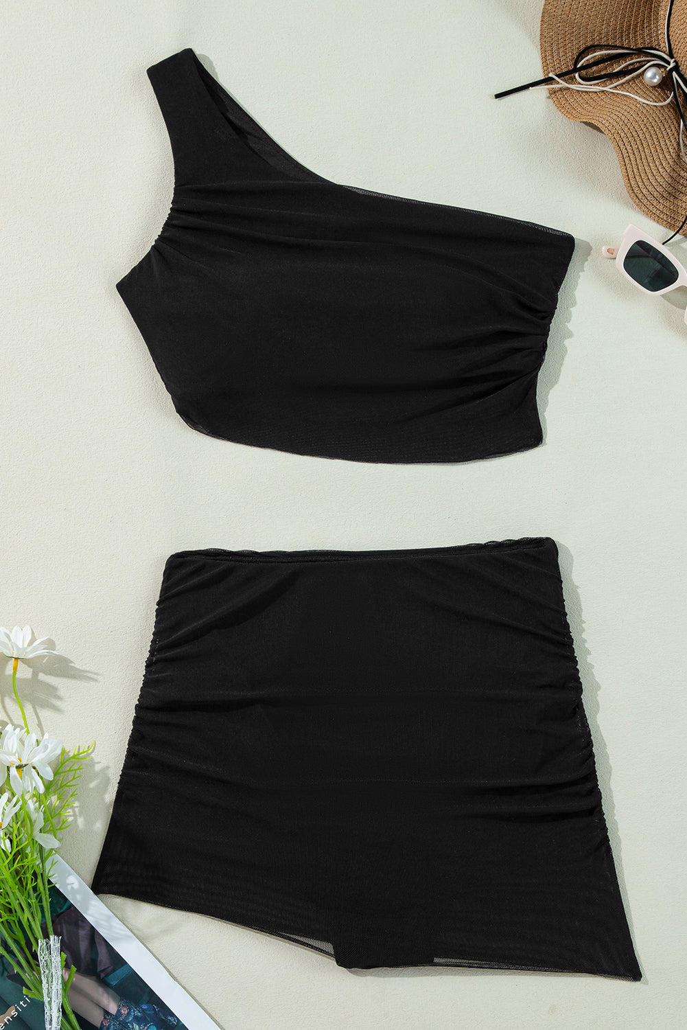 Black Pleated Mesh One Shoulder Bikini Top and Skirts Set Bikinis JT's Designer Fashion
