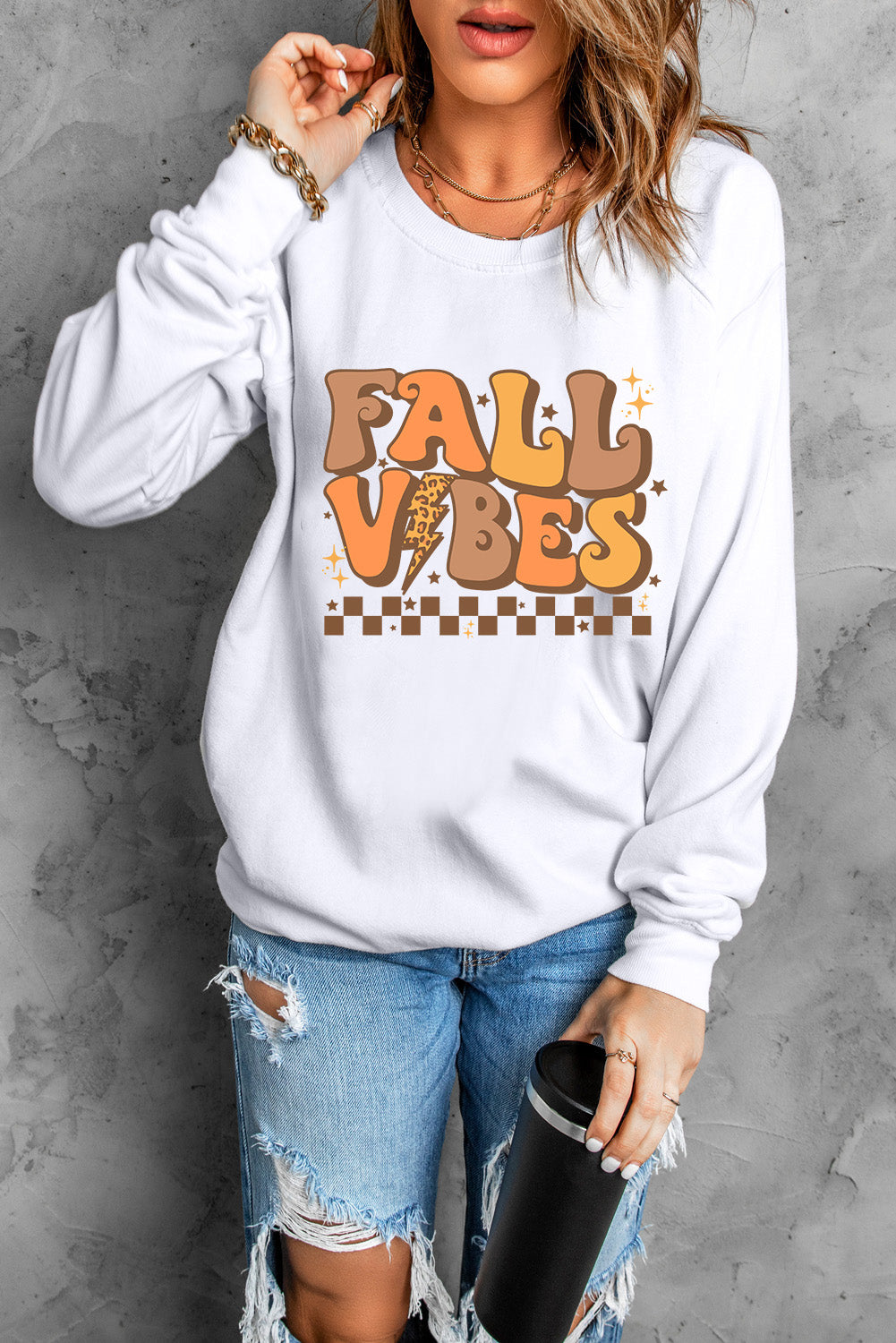 Beige FALL VIBES Graphic Drop Shoulder Sweatshirt Graphic Sweatshirts JT's Designer Fashion